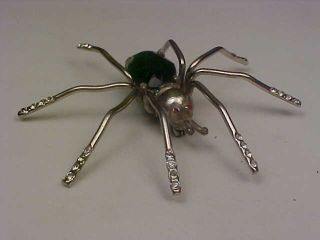Large Vintage Silvertone & Emerald Green Rhinestone Spider Brooch