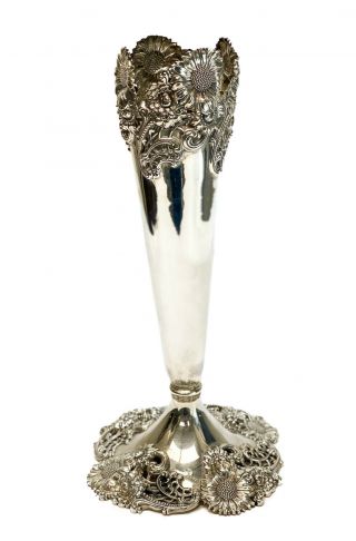 Dominick & Haff Sterling Silver Vase 432,  Circa 1900.  Hand Chased Sunflowers