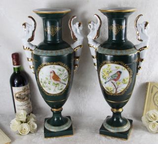Pair Xl Limoges Marked Porcelain Vases Birds Caryatid Handles 1950 France Rare
