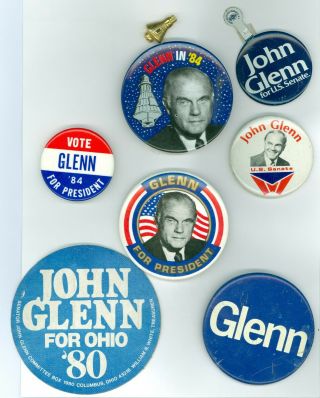 5 Vtg 1980s President John Glenn Political Campaign Pinback Buttons 1 Sticker