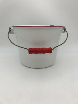 Vintage White Enamel Ware Bucket W/red Rim And Handle