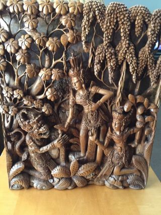 Old Antique/vintage Balinese Hand Carved Detailed Wood 3 - D Of Diety & Goddesses