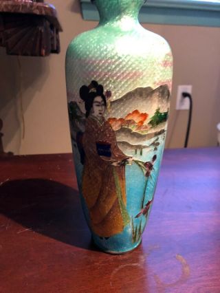 Rare Antique Oriental Cloisonné Fish Scale Vase With Lady And Flowers Chinese