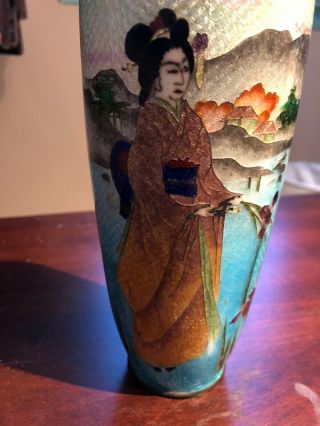 Rare Antique Oriental Cloisonné Fish Scale Vase With Lady And Flowers Chinese 2