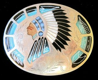 Vintage Hand Crafted Johnson & Held Ltd Inlaid Indian Chief Belt Buckle
