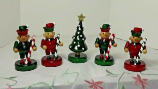 Vintage 5 Pc Wooden Christmas Decorations / 4 Elves With Tree