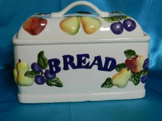 Vintage Jay Import Ceramic Pottery Fruit Design Lidded Bread Box Vt3308
