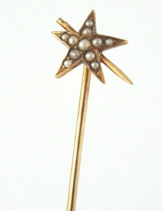 C.  1900 - Antique Victorian 14k Gold Star Stick Pin W/ Seed Pearls - Hallmarked