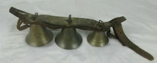 Vintage Antique Brass Sleigh Bells On Leather Strap 3 Bells Cone Shaped