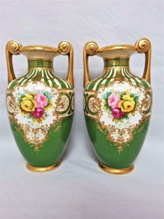 Antique Noritake Porcelain Japan Hand Painted & Gilded 2 X Green Vases 1920 