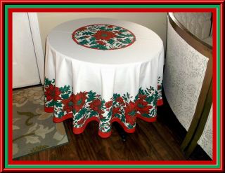 Vintage Round Christmas Tablecloth With Poinsettias - 70 Ins Dia