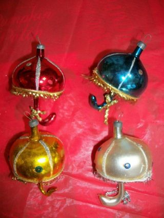 Vintage Set Of 4 Mercury Glass Umbrella Christmas Ornaments W/fringe Trim