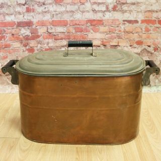 Antique Primitive Copper Wash Tub Boiler Basin With Lid,  Wood Handles