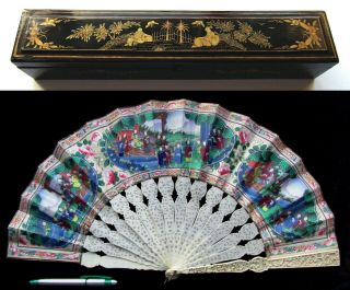 Fine Antique Chinese Export 1000 Faces Fan Eventail 1840 Qing Dynasty 清朝 智親王 Box