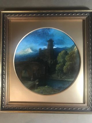 Antique " Castle And Landscape Scene " Oil On Board Painting - Framed