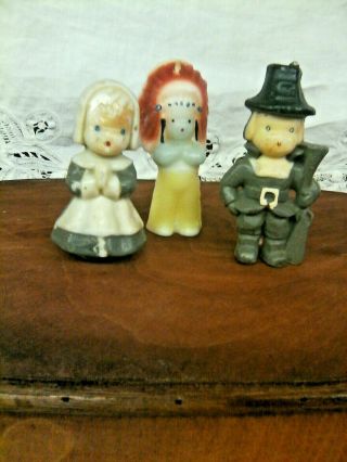 Set Of Three Small Vintage Gurley Thanksgiving Candles/ Pilgrim Man & Woman