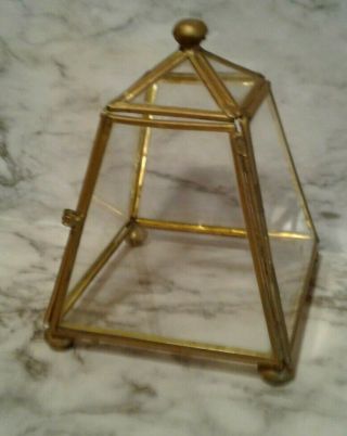 Vintage Small Brass & Glass Display Curio Trinket Display Case Tent Shape Footed