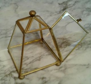Vintage Small BRASS & GLASS Display Curio Trinket Display Case TENT Shape Footed 3