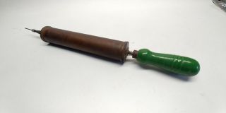 Vintage Brass Air Pump Bicycle Sports Ball Green Wooden Handle W/ Needle