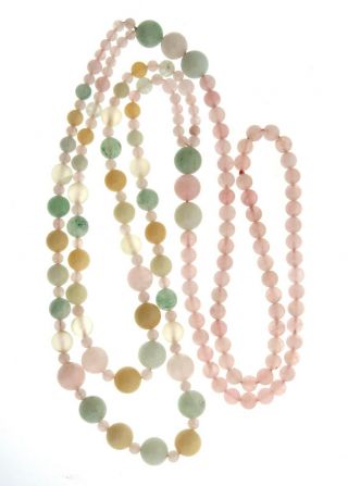 Vintage Green Jade Rose Quartz Bead Necklace Strand 30 Inch Long
