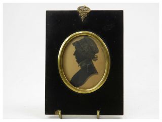 Antique 19th Century Portrait Miniature Silhouette Painting Of Lady In Bonnet