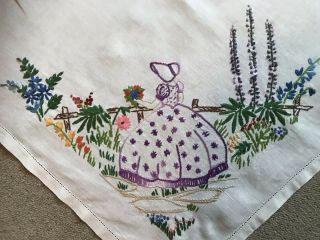 Vintage Hand Embroidered Linen Tablecloth Crinoline Ladies Garden Flowers 42”