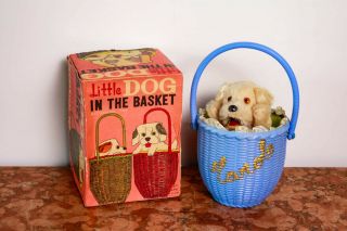 Vintage Wind Up Little Dog In The Basket W/ Org.  Box