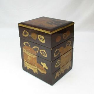 D491: Really Old Japanese Tier Of Lacquered Boxes Jubako With Makie In Edo Era