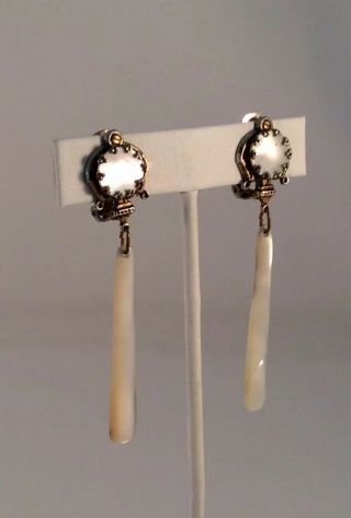 Vintage Polished Mother Of Pearl Shell Drop Dangle Clip On Earrings
