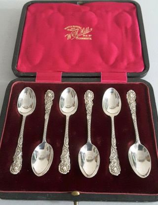 Pretty Cased Set 6 Antique Solid Silver Coffee Spoons.  Lon.  1910.