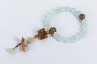 19th Manchu Style Chinese Antique Aquamarine Prayer Beads With Jade