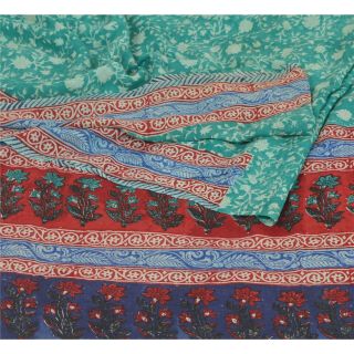 Sanskriti Vintage Saree 100 Pure Crepe Silk Green Printed Fabric 5yd Craft Sari