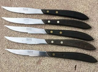 5 Vintage Stanley Steak Knives 4” Serrated Stainless Blades W Dark Handles Usa