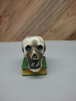 Vintage Bisque Halloween Skull On Book Match Holder & Striker 2 - 1/2 " Skeleton