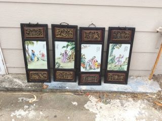 4 Vintage Chinese Hand Painted Tiles And Frames.  Wood Carved.  Very Old