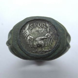 Roman Ancient Artifact Bronze And Silver Ring With Spqr And Eagle