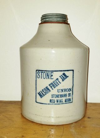 Antique Red Wing Stoneware One Gallon Mason Fruit Jar.  Blue.