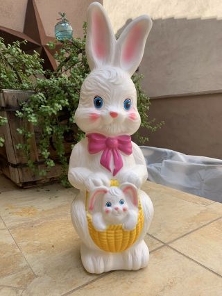 Vintage Empire Blow Mold Easter Bunny With Baby In Basket 22 " Decor 1995 Rabbit