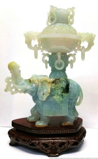 Antique Chinese Blue Jadeite Jade Elephant Censer Carving Incense Burner