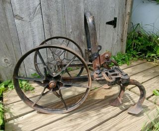 Antique Primitive Plantet Jr Cast Iron Pat 1887 Farm Garden Plow W/ Star Wheels