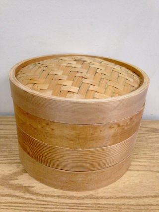 Vintage Bamboo Stacked Steamer W/ Box