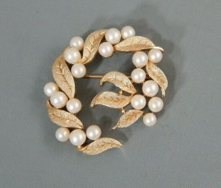 Vintage Signed Crown Trifari Faux Pearl Flower Leaf Wreath Brooch Pin