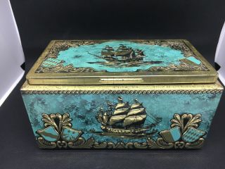 Antique Nautical Pirate Ship Theme Bering Galleon Chest Cigar Box Tobacco Tin