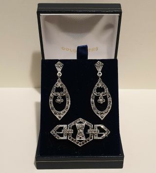 Vintage Art Deco Style 925 Silver Marcasite Brooch And Earrings Jewellery Set