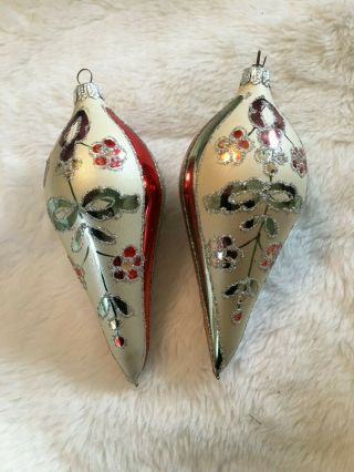 2 Vintage Glass Christmas Ornaments Red Cream Silver Stripe Teardrop 6 "