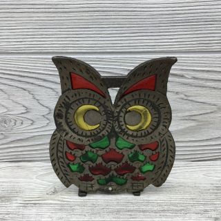 Vintage Taiwan Owl Metal And Stained Glass Napkin Holder Figurine