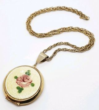 Vintage Art Deco Guilloche Enamel Rose Locket Pendant Necklace