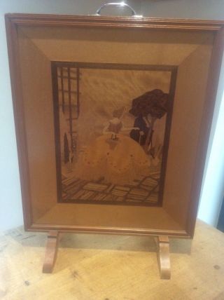 Vintage 1940s Art Deco Inlaid Wooden Marquetry Wood Fire Screen Crinoline Lady