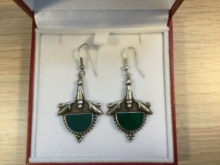 Vintage Art Deco Silver 925 Green Agate Drop Earrings  (mj737)