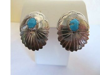 Vintage Sterling Silver Turquoise Navajo Old Pawn Hand Crafted Stamped Earrings